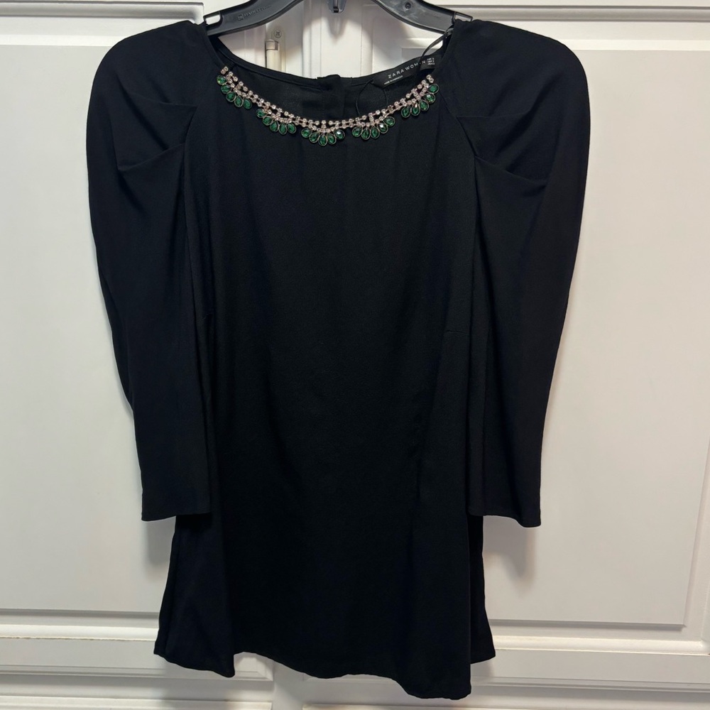 Zara Gem Embellished Neck Black Blouse Top New Women's Small